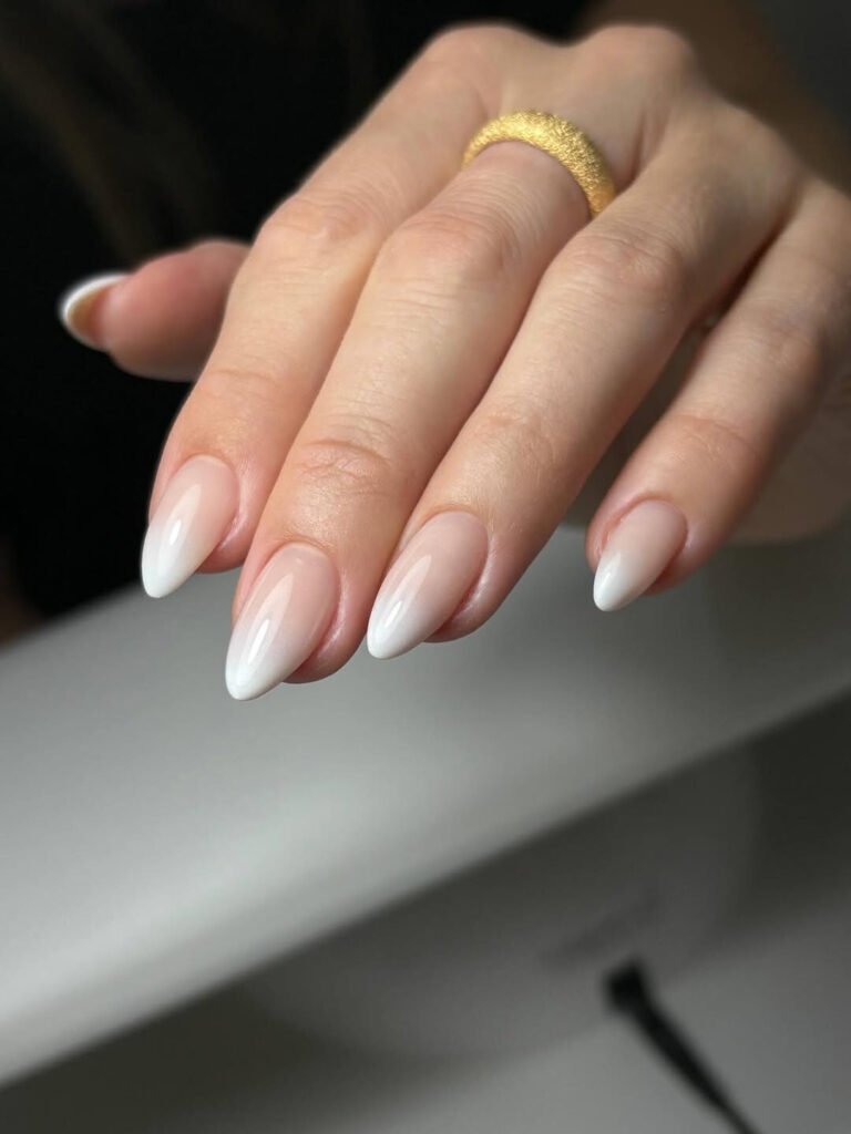 Almond milky french gel manicure at Beauty Hunters in The Pearl, Doha