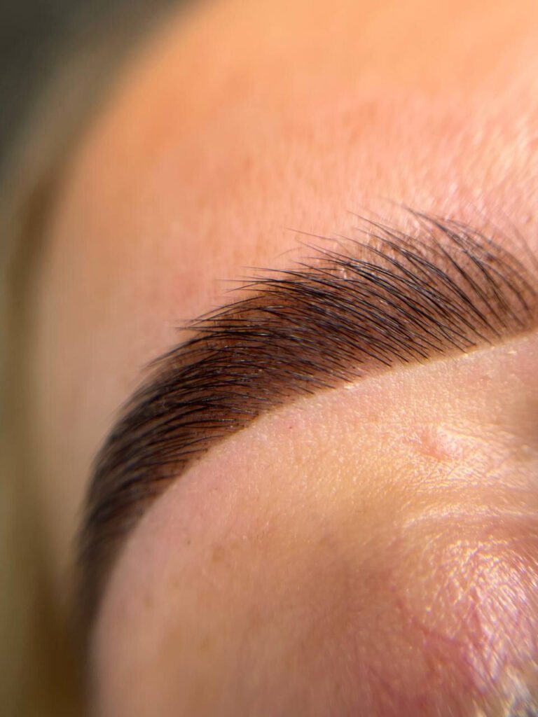 Close-up of a laminated and shaped eyebrow at Beauty Hunters in The Pearl, Doha