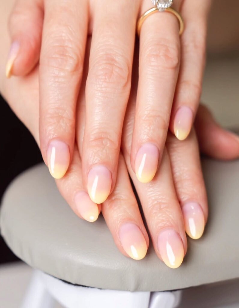 Nude and peach ombre almond gel nails at Fresh & Go Beauty Bar in Al Messila, Doha