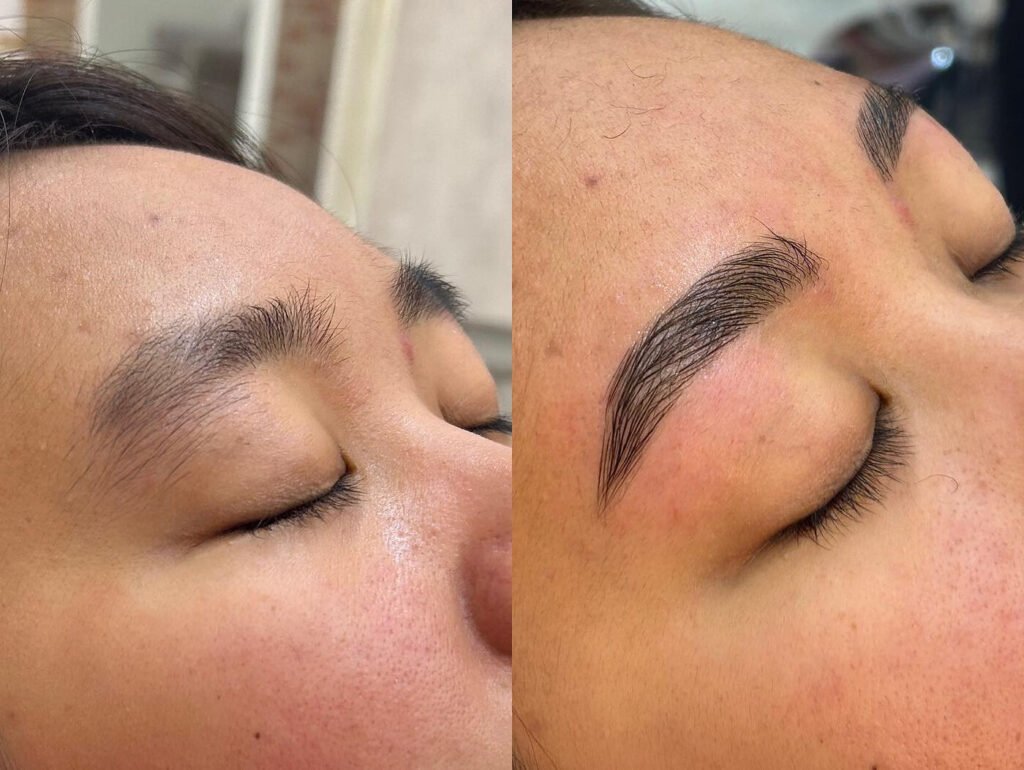 Before and after eyebrow lamination and shaping at Kensington Hair & Beauty in Doha
